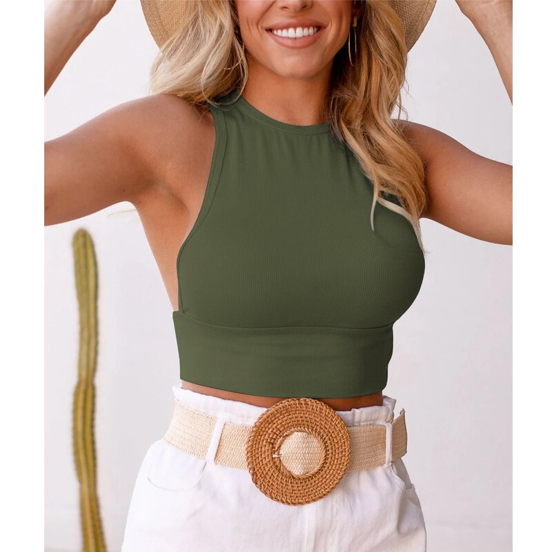 New Summer Slim Short Top Sexy Women Sleeveless O Neck Croptops Open Navel Tank Tops Solid Black/White Crop Vest Tops Wholesale