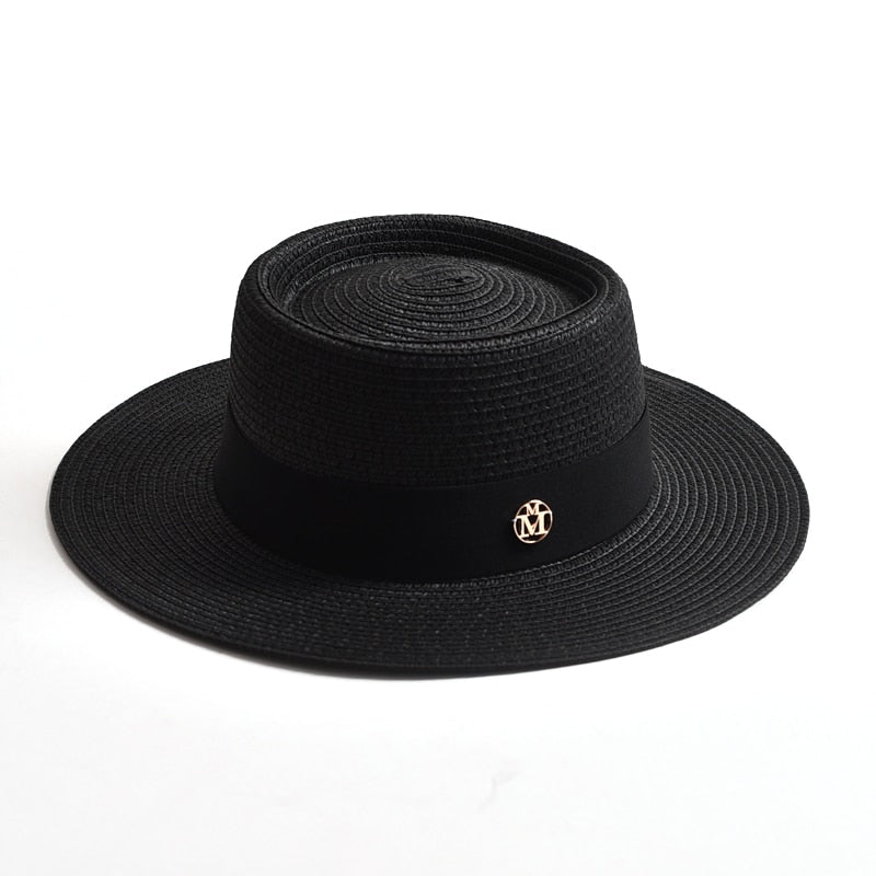 New Summer Straw Sun Hats for Women Ladies Fashion Flat Brim Ribbon Beach Hat Travel Dress Cap chapeau femme Black 56-58CM