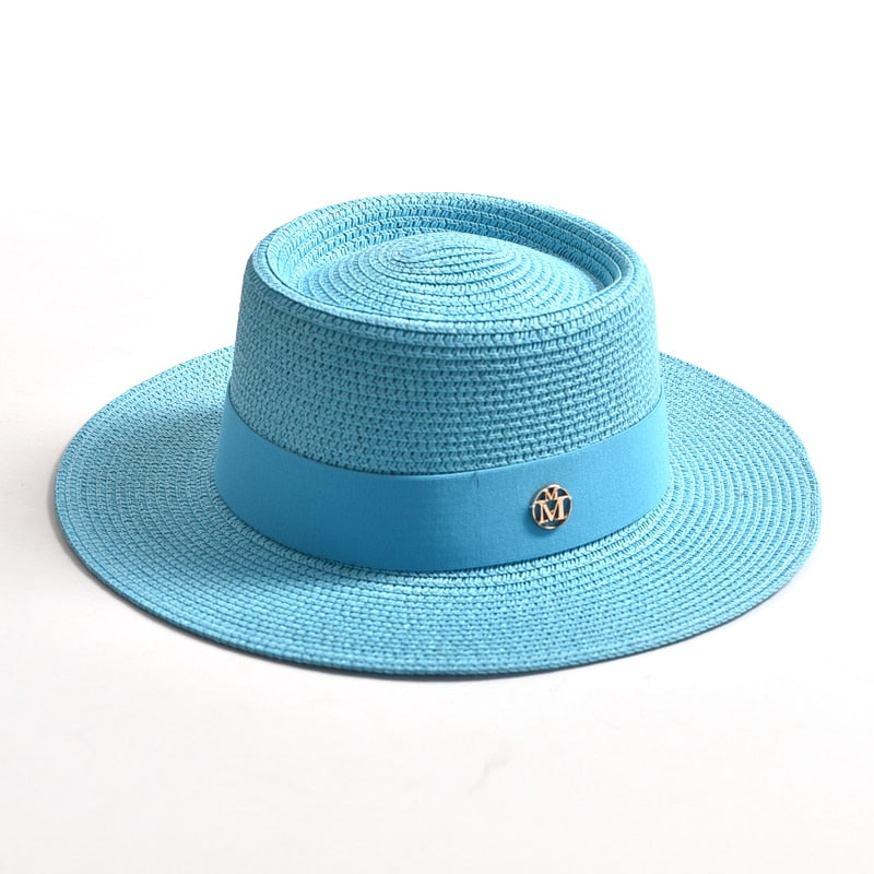 New Summer Straw Sun Hats for Women Ladies Fashion Flat Brim Ribbon Beach Hat Travel Dress Cap chapeau femme Lake blue 56-58CM
