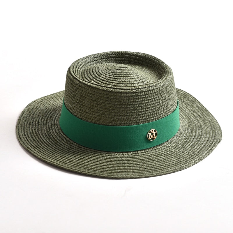 New Summer Straw Sun Hats for Women Ladies Fashion Flat Brim Ribbon Beach Hat Travel Dress Cap chapeau femme Army Green 56-58CM