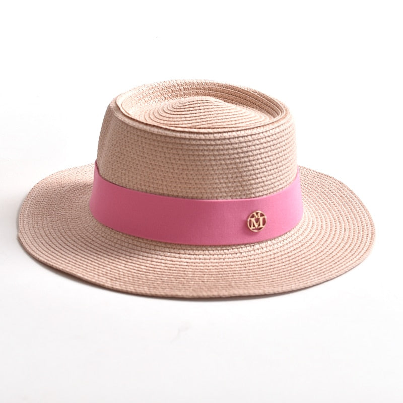 New Summer Straw Sun Hats for Women Ladies Fashion Flat Brim Ribbon Beach Hat Travel Dress Cap chapeau femme Light pink 56-58CM