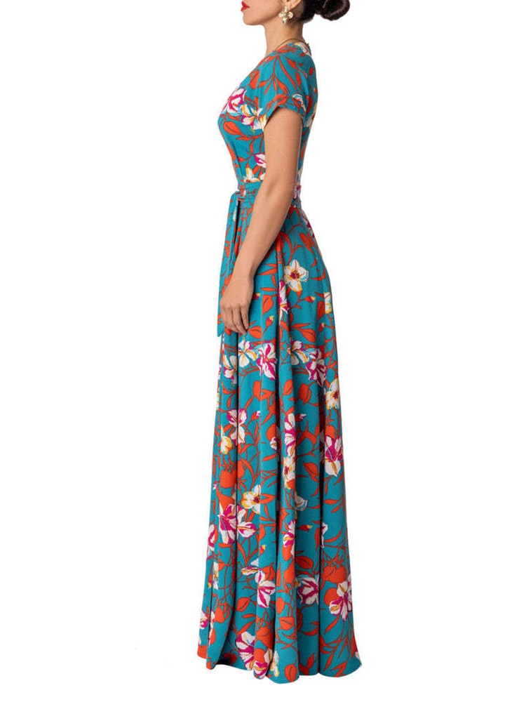 New Summer Women Long Dress Retro Printed Beach Maxi Dress V- Neck Tie Up Sashes Split A-Line Dress Vestidos