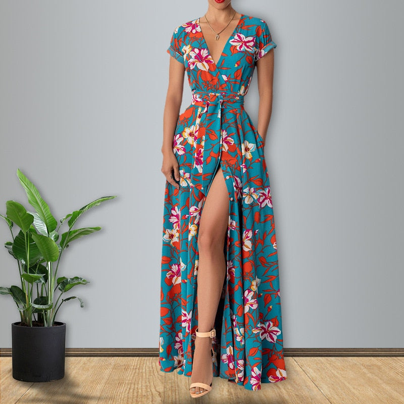 New Summer Women Long Dress Retro Printed Beach Maxi Dress V- Neck Tie Up Sashes Split A-Line Dress Vestidos