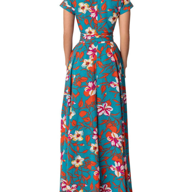 New Summer Women Long Dress Retro Printed Beach Maxi Dress V- Neck Tie Up Sashes Split A-Line Dress Vestidos