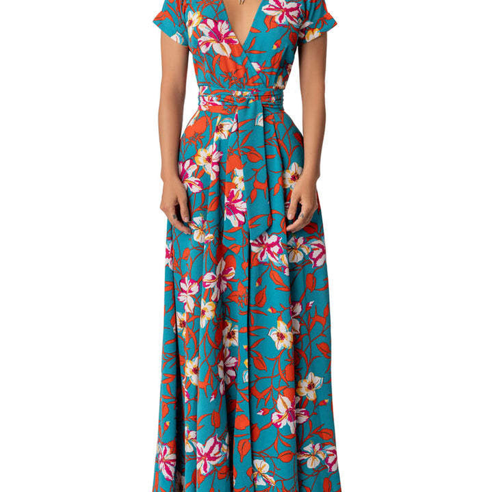 New Summer Women Long Dress Retro Printed Beach Maxi Dress V- Neck Tie Up Sashes Split A-Line Dress Vestidos royal blue