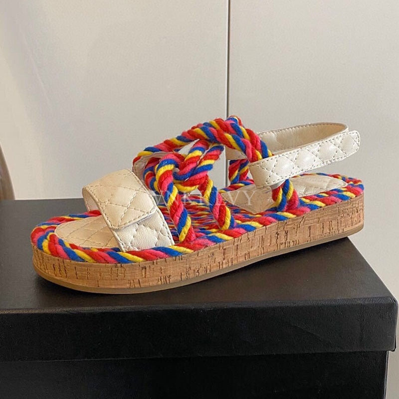 New Summer Women Real Leather Splicing Hemp Rope Open Toe Casual Sandals With Sticky Strap Design Resort Beach Flat Shoes 2024 as show 7
