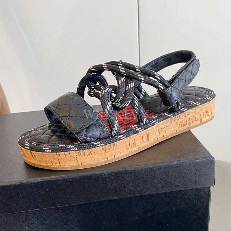 New Summer Women Real Leather Splicing Hemp Rope Open Toe Casual Sandals With Sticky Strap Design Resort Beach Flat Shoes 2024