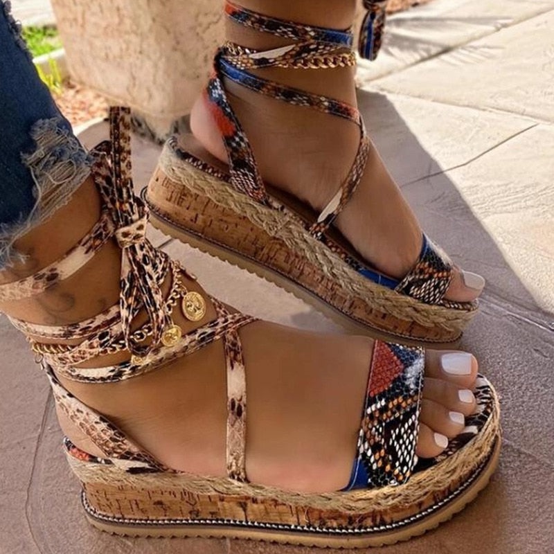 New Summer Women Snake Sandals Platform Heels Cross Strap Ankle Lace Peep Toe  Beach Party Ladies Shoes Zapatos Sandals AMAIO