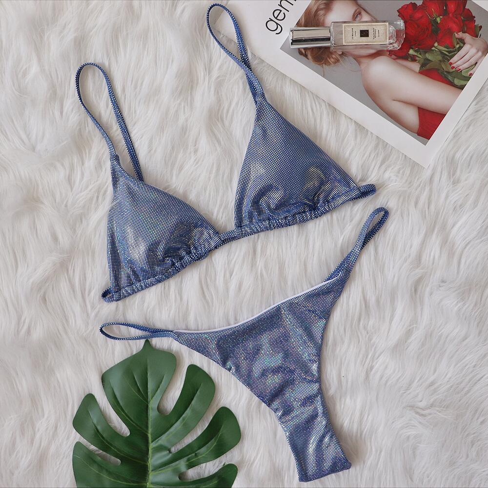 New Three-Point Thong Bikini Sexy Crystal Diamond Women Swimsuit Mini Triangle Bag Female Split Swimwear Blue
