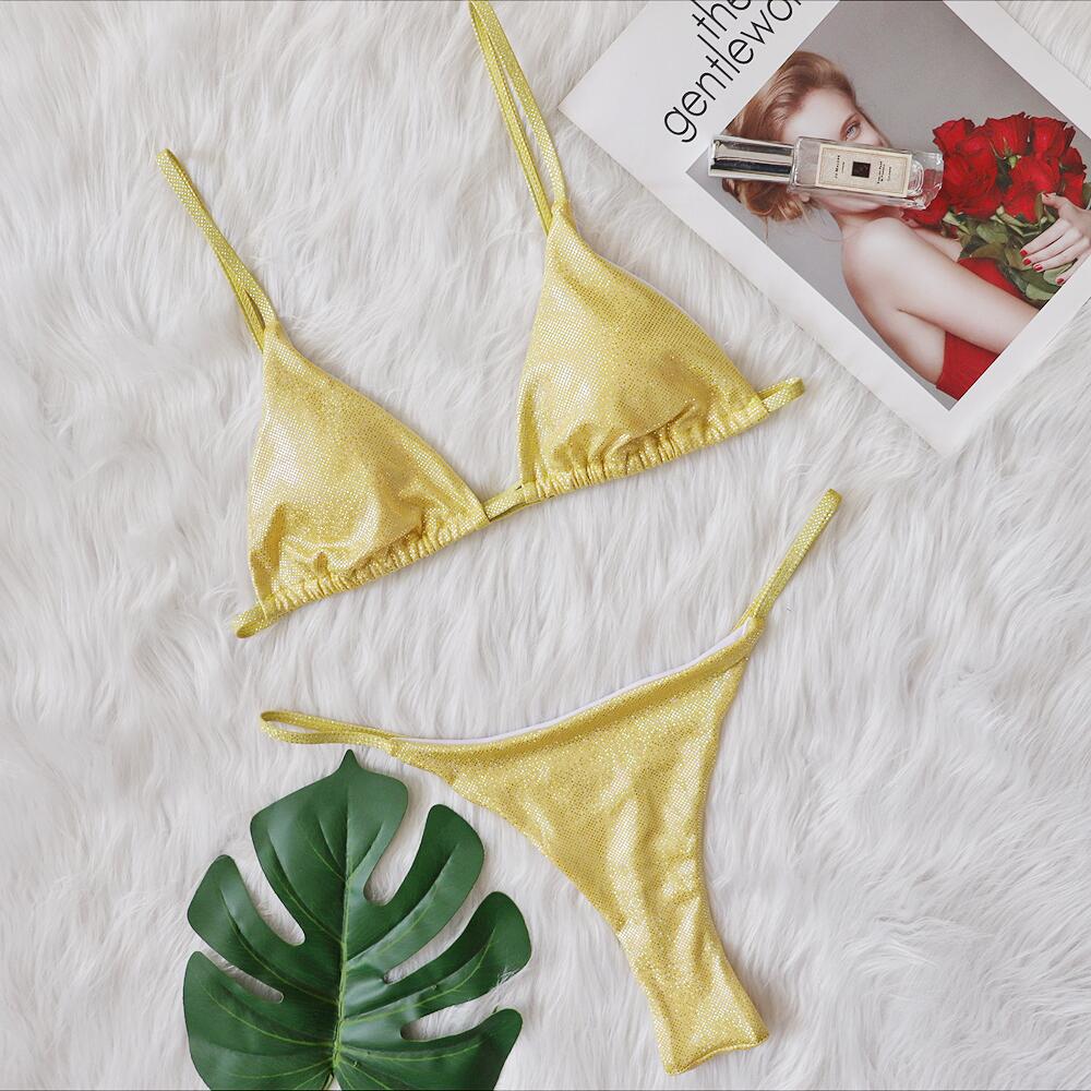 New Three-Point Thong Bikini Sexy Crystal Diamond Women Swimsuit Mini Triangle Bag Female Split Swimwear Gold