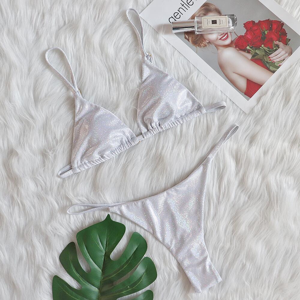 New Three-Point Thong Bikini Sexy Crystal Diamond Women Swimsuit Mini Triangle Bag Female Split Swimwear Silver