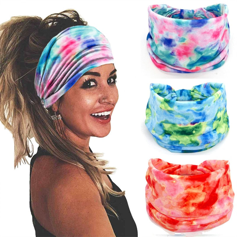 New Tie Dye Turban Sport Hair Sweatband for Women Men Colourful Knot Stretchy Wide Headbands Yoga Bandana Hairbands Bandages AMAIO