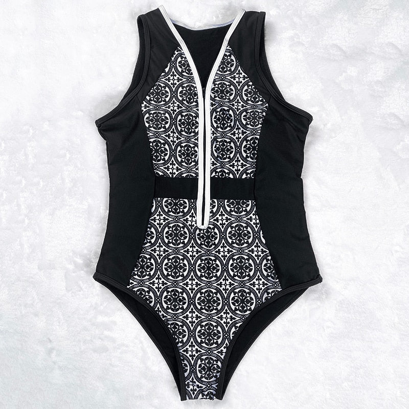 New Vintage One Piece Swimsuit Retro Zipper Swimwear Sexy Bathing Suits Hot Plus Size XL Bodysuit Monokini Beachwear As Picture Shows