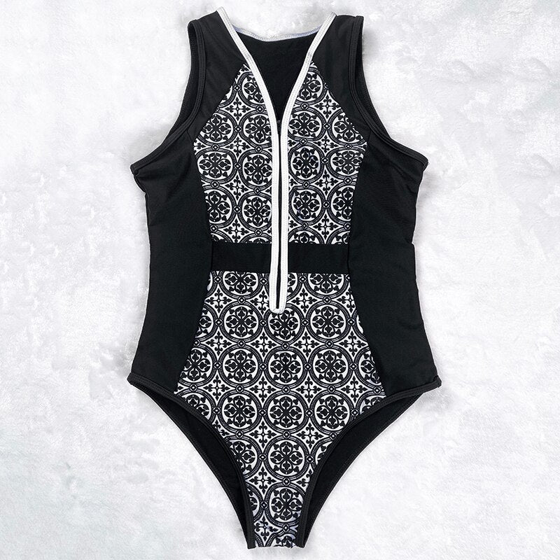 New Vintage One Piece Swimsuit Retro Zipper Swimwear Sexy Bathing Suits Hot Plus Size XL Bodysuit Monokini Beachwear