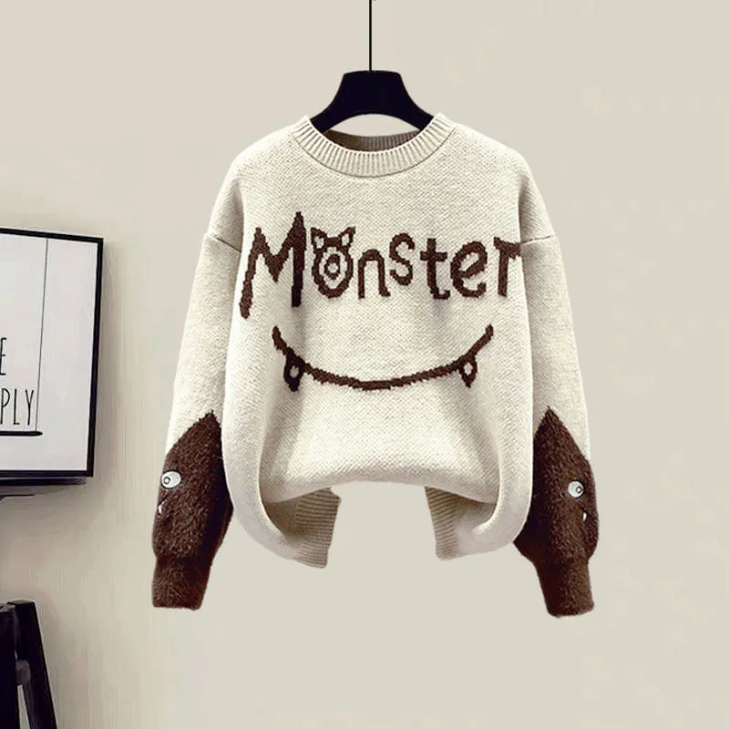 New Winter Women's Tracksuit Monster Letter Printed Knitted Pullover Sweater + Lamb Wool Vest +Casual Pants Suit 3 Piece Set