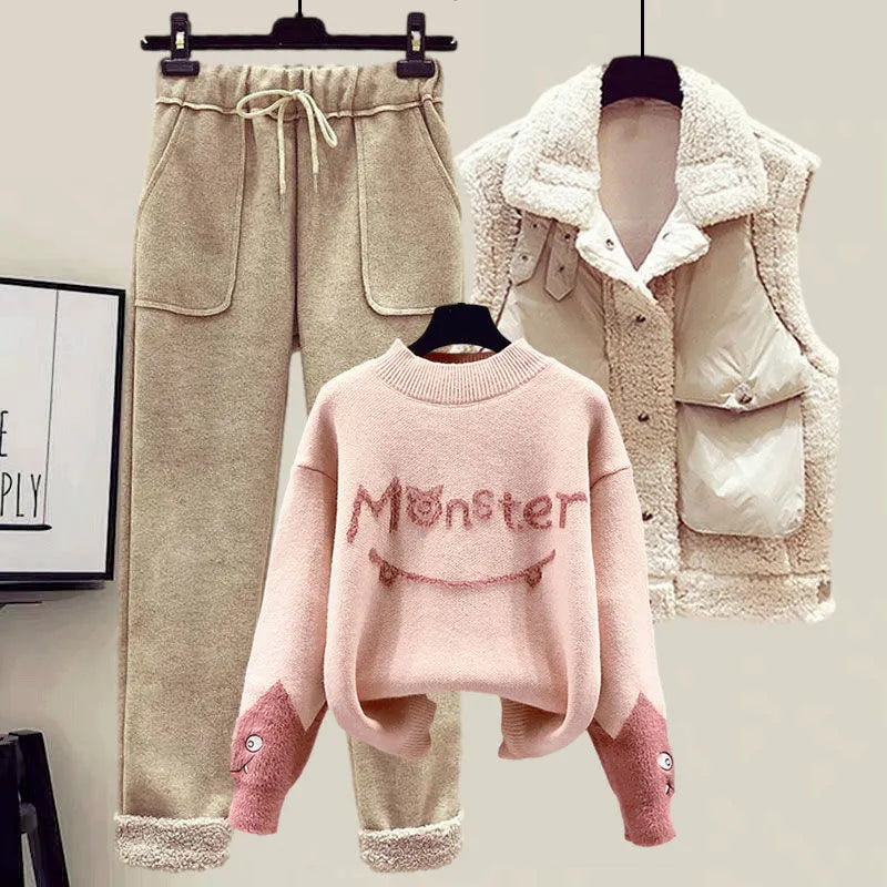 New Winter Women's Tracksuit Monster Letter Printed Knitted Pullover Sweater + Lamb Wool Vest +Casual Pants Suit 3 Piece Set 3 Piece Set3