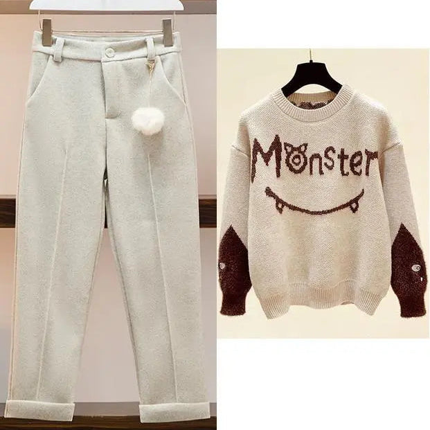 New Winter Women's Tracksuit Monster Letter Printed Knitted Pullover Sweater + Lamb Wool Vest +Casual Pants Suit 3 Piece Set