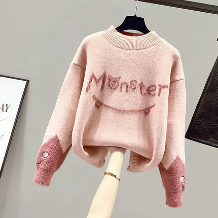 New Winter Women's Tracksuit Monster Letter Printed Knitted Pullover Sweater + Lamb Wool Vest +Casual Pants Suit 3 Piece Set Only Pink Sweater