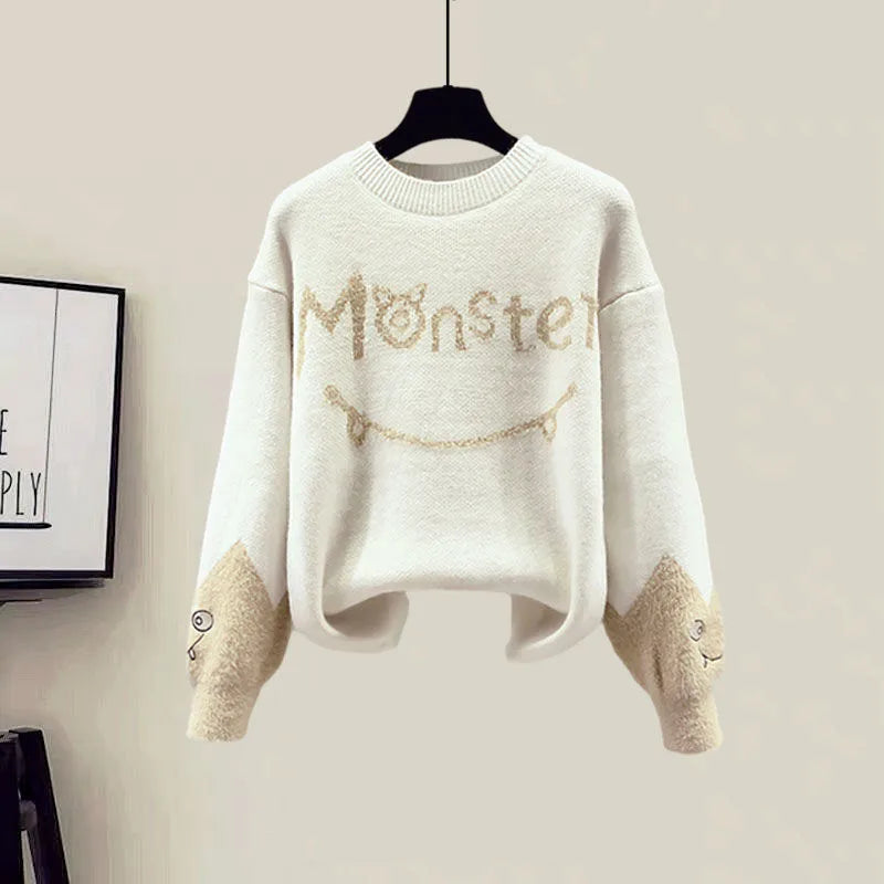 New Winter Women's Tracksuit Monster Letter Printed Knitted Pullover Sweater + Lamb Wool Vest +Casual Pants Suit 3 Piece Set Sweater 1