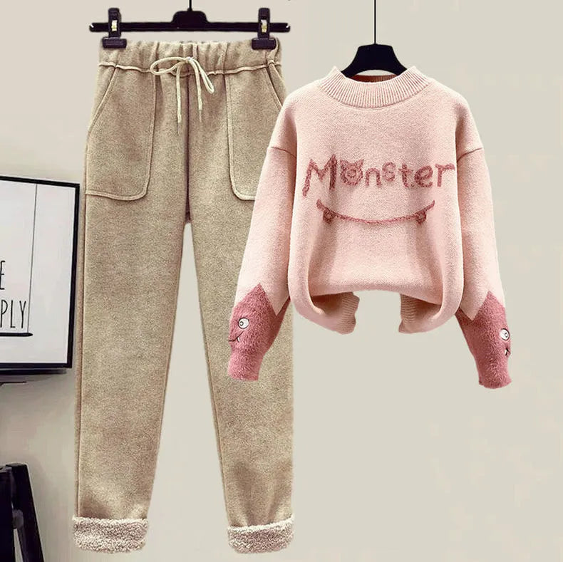 New Winter Women's Tracksuit Monster Letter Printed Knitted Pullover Sweater + Lamb Wool Vest +Casual Pants Suit 3 Piece Set 2 Piece Set3