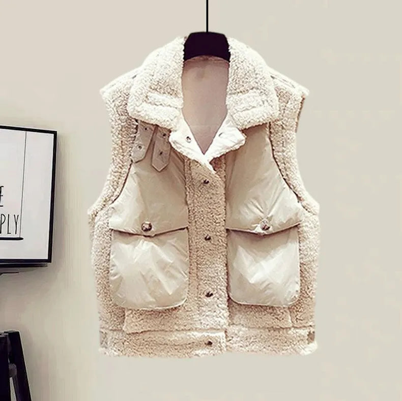 New Winter Women's Tracksuit Monster Letter Printed Knitted Pullover Sweater + Lamb Wool Vest +Casual Pants Suit 3 Piece Set Beige Vest