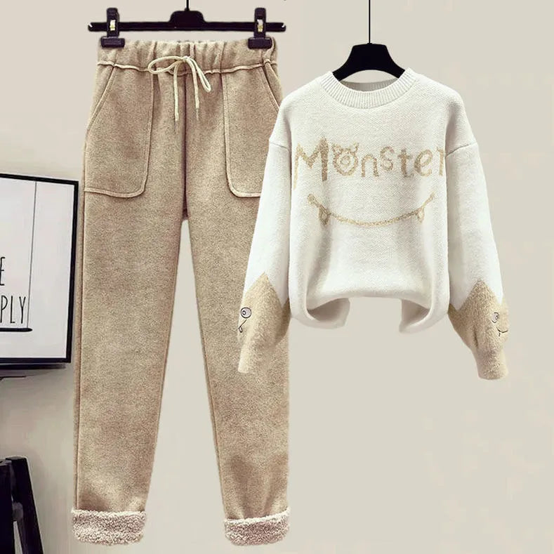 New Winter Women's Tracksuit Monster Letter Printed Knitted Pullover Sweater + Lamb Wool Vest +Casual Pants Suit 3 Piece Set 2 Piece Set2