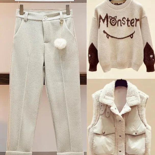 New Winter Women's Tracksuit Monster Letter Printed Knitted Pullover Sweater + Lamb Wool Vest +Casual Pants Suit 3 Piece Set 3 Piece Set 5
