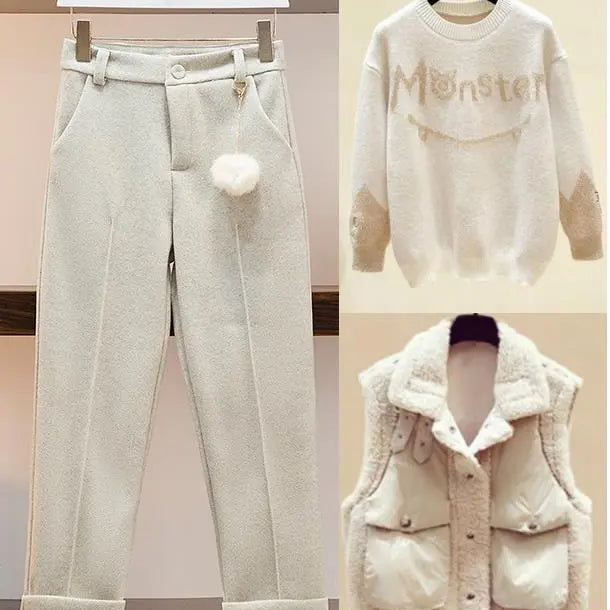New Winter Women's Tracksuit Monster Letter Printed Knitted Pullover Sweater + Lamb Wool Vest +Casual Pants Suit 3 Piece Set 3 Piece Set 6