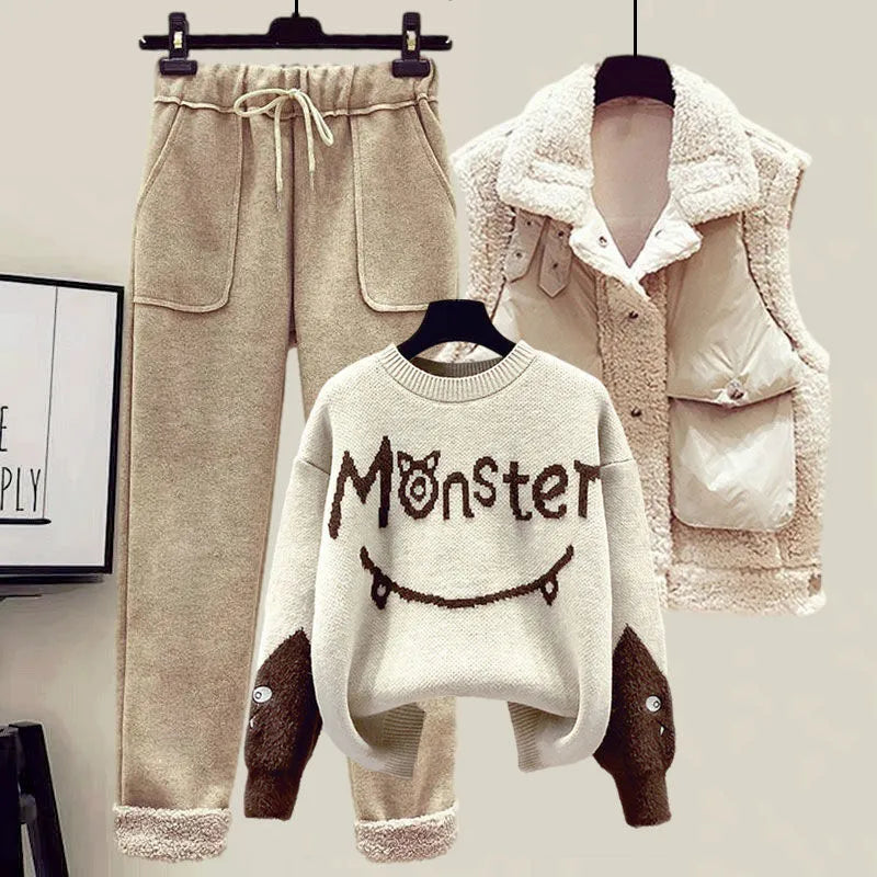 New Winter Women's Tracksuit Monster Letter Printed Knitted Pullover Sweater + Lamb Wool Vest +Casual Pants Suit 3 Piece Set AMAIO