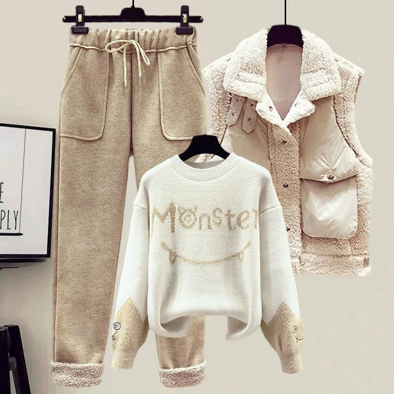 New Winter Women's Tracksuit Monster Letter Printed Knitted Pullover Sweater + Lamb Wool Vest +Casual Pants Suit 3 Piece Set 3 Piece Set2
