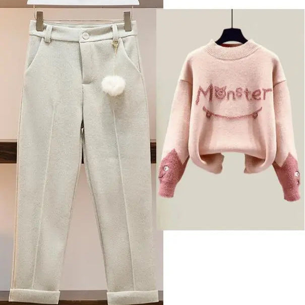 New Winter Women's Tracksuit Monster Letter Printed Knitted Pullover Sweater + Lamb Wool Vest +Casual Pants Suit 3 Piece Set
