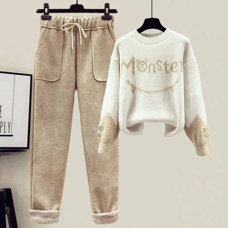 New Winter Women's Tracksuit Monster Letter Printed Knitted Pullover Sweater + Lamb Wool Vest +Casual Pants Suit 3 Piece Set 2pcs Set 3