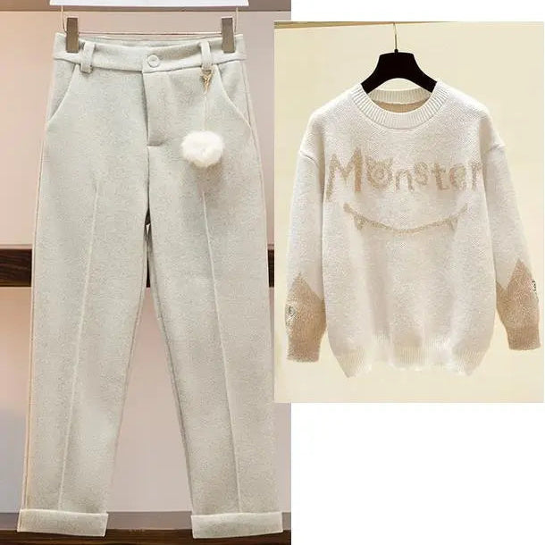 New Winter Women's Tracksuit Monster Letter Printed Knitted Pullover Sweater + Lamb Wool Vest +Casual Pants Suit 3 Piece Set