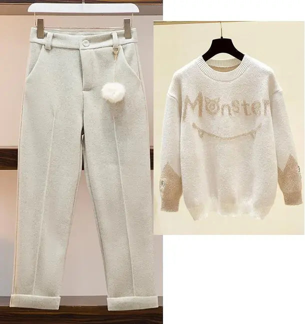 New Winter Women's Tracksuit Monster Letter Printed Knitted Pullover Sweater + Lamb Wool Vest +Casual Pants Suit 3 Piece Set
