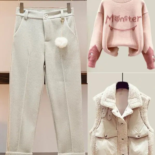 New Winter Women's Tracksuit Monster Letter Printed Knitted Pullover Sweater + Lamb Wool Vest +Casual Pants Suit 3 Piece Set 3 Piece Set 7
