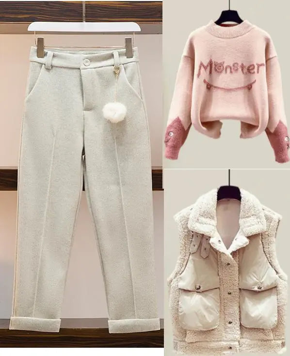 New Winter Women's Tracksuit Monster Letter Printed Knitted Pullover Sweater + Lamb Wool Vest +Casual Pants Suit 3 Piece Set 3 Piece Set 7