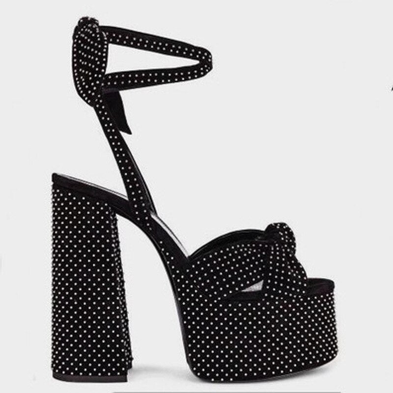 New Women Sandals Summer Shoes Sexy Thick High Heels Platform 10 colors Dress Party Wedding Shoes Woman Pumps Bow love heels Black wave point