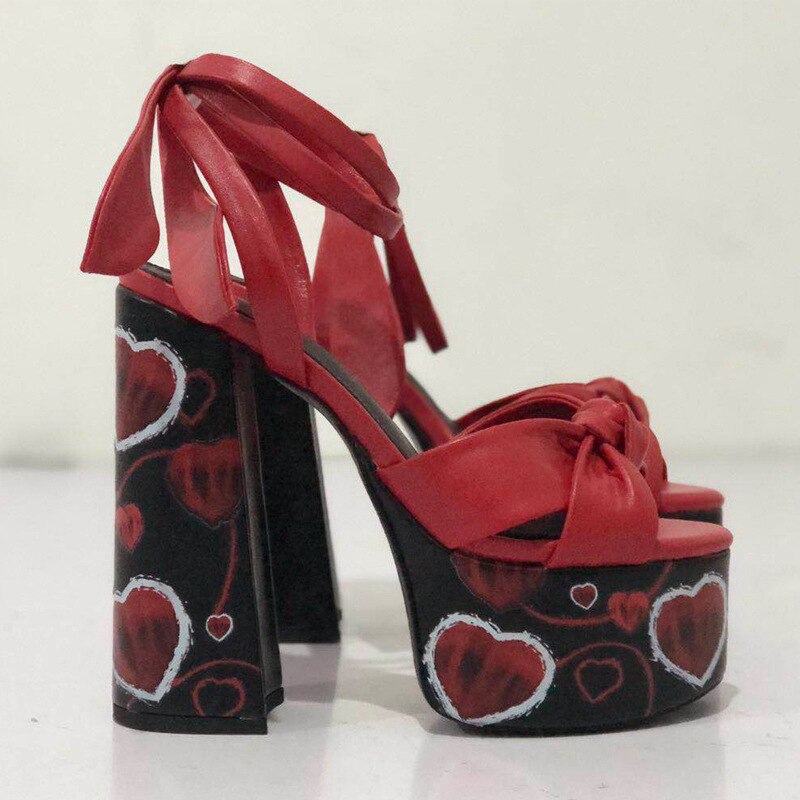 New Women Sandals Summer Shoes Sexy Thick High Heels Platform 10 colors Dress Party Wedding Shoes Woman Pumps Bow love heels Red heart