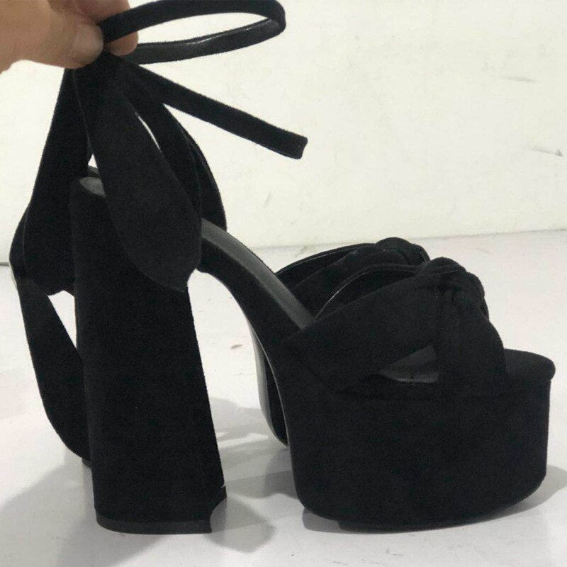 New Women Sandals Summer Shoes Sexy Thick High Heels Platform 10 colors Dress Party Wedding Shoes Woman Pumps Bow love heels Black matte