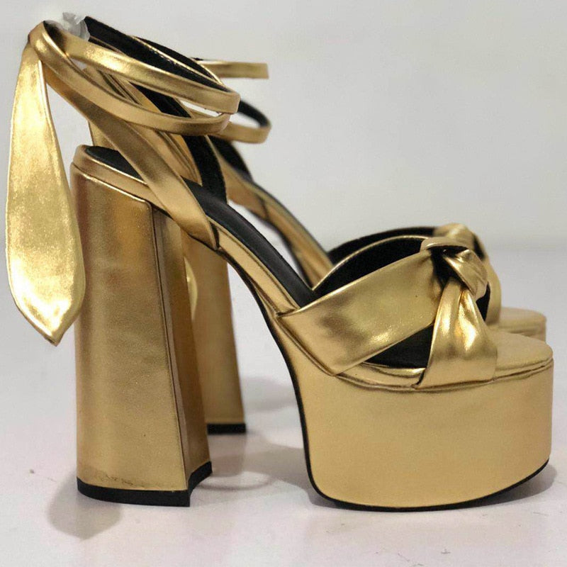 New Women Sandals Summer Shoes Sexy Thick High Heels Platform 10 colors Dress Party Wedding Shoes Woman Pumps Bow love heels Gold