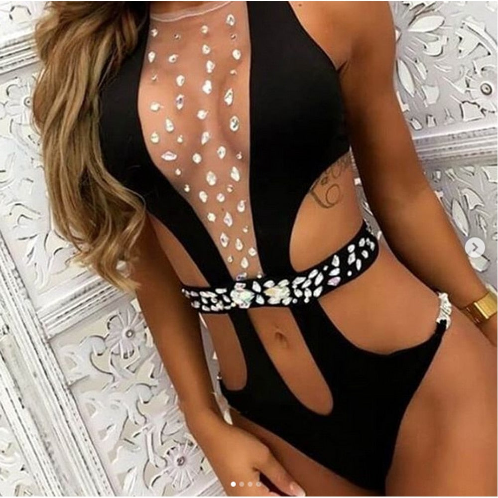 New Women Sexy Swimsuit Shiny Swimwear With Rhinestone Belt Chest Diamond-Studded Bikinis Halter Hollow Summer Bather S-XL AMAIO