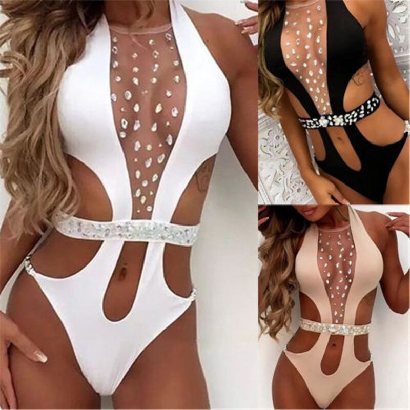 New Women Sexy Swimsuit Shiny Swimwear With Rhinestone Belt Chest Diamond-Studded Bikinis Halter Hollow Summer Bather S-XL