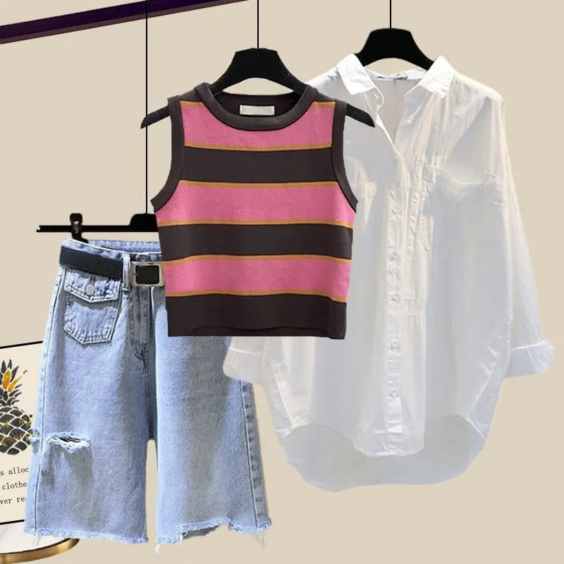 New Women Summer Denim Half Pants Lady Daily Causal White Shirts Stripe Knit Vest Jeans 3 Piece Set Fashion Top Steetwear Female Rose Red Set