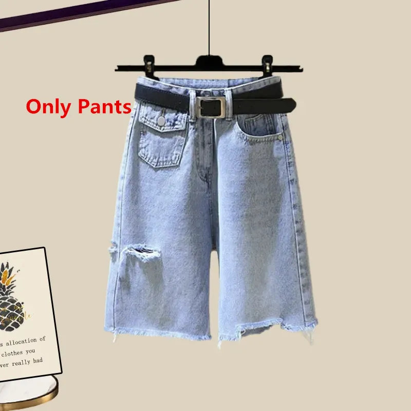 New Women Summer Denim Half Pants Lady Daily Causal White Shirts Stripe Knit Vest Jeans 3 Piece Set Fashion Top Steetwear Female Only Pants