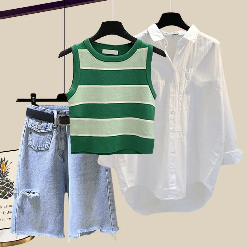 New Women Summer Denim Half Pants Lady Daily Causal White Shirts Stripe Knit Vest Jeans 3 Piece Set Fashion Top Steetwear Female Green Set