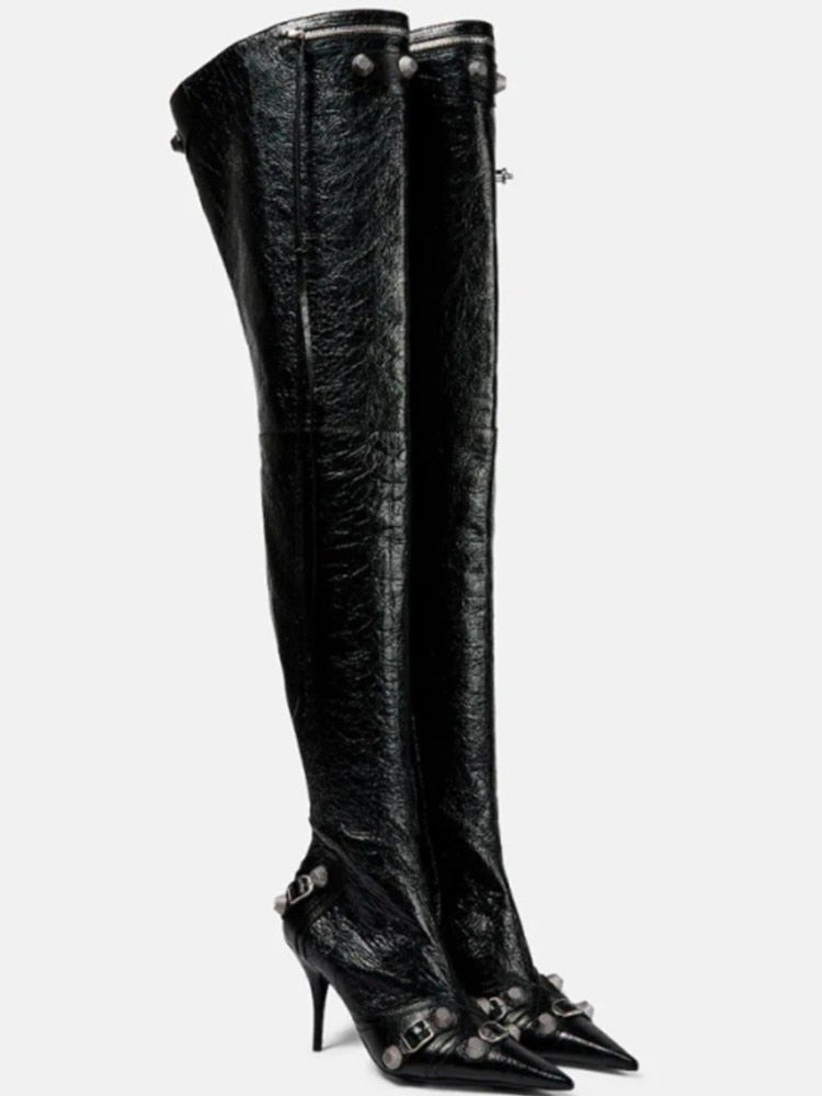 New Women's Boots Pointed Toe High-heeled Boots Paris Fashion Knee-high Boots European and American Party Boots