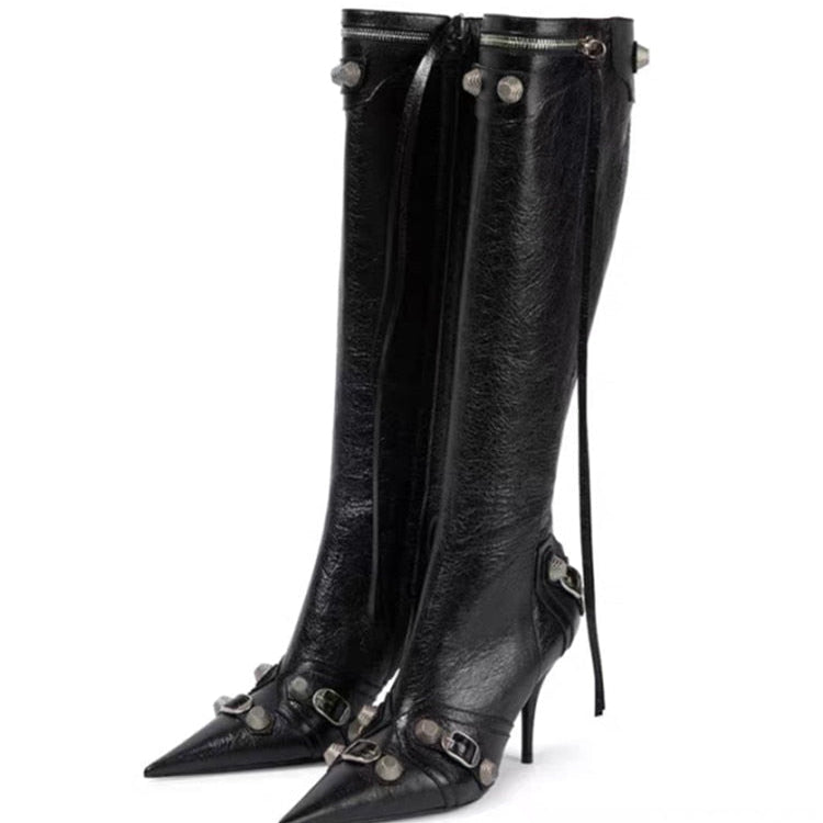 New Women's Boots Pointed Toe High-heeled Boots Paris Fashion Knee-high Boots European and American Party Boots black