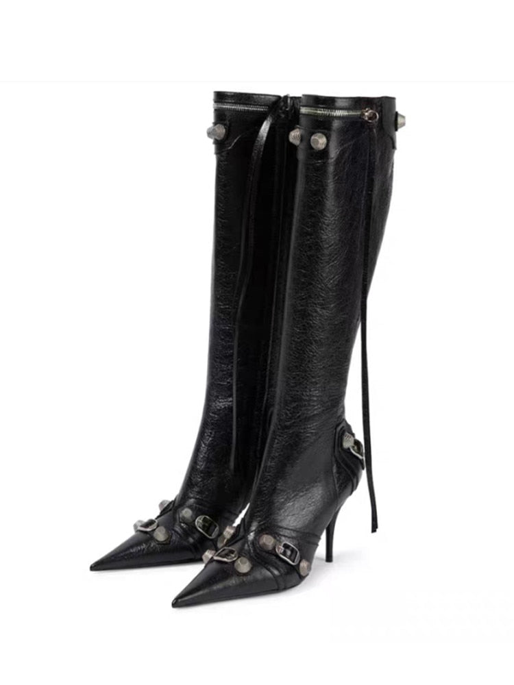 New Women's Boots Pointed Toe High-heeled Boots Paris Fashion Knee-high Boots European and American Party Boots black