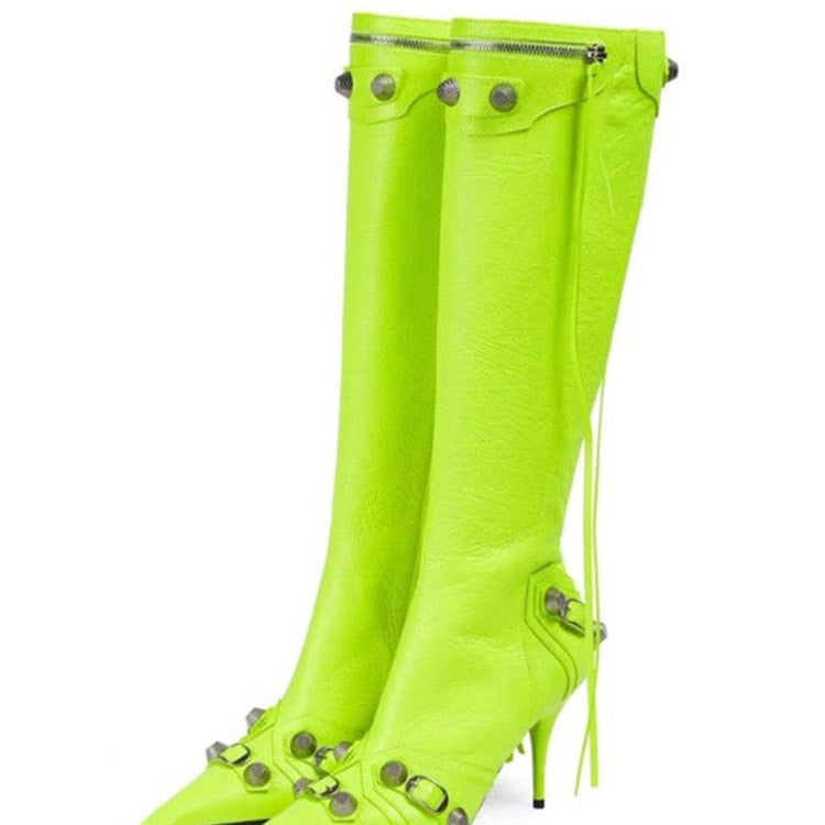 New Women's Boots Pointed Toe High-heeled Boots Paris Fashion Knee-high Boots European and American Party Boots green