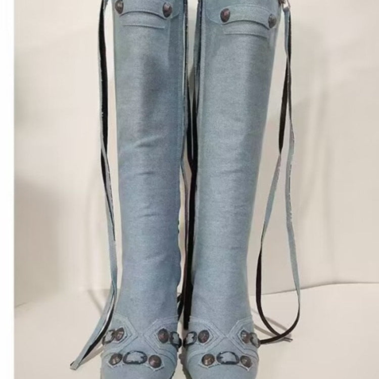 New Women's Boots Pointed Toe High-heeled Boots Paris Fashion Knee-high Boots European and American Party Boots baby blue